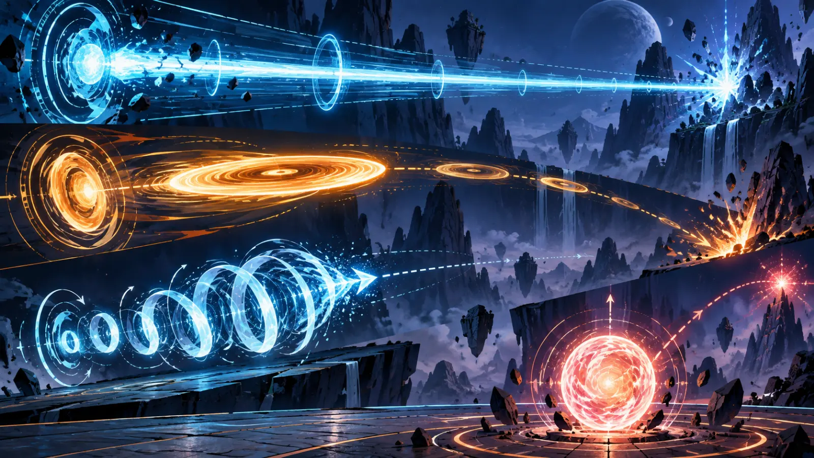 Abstract focused energy paths representing Dragon Ball attacks and techniques