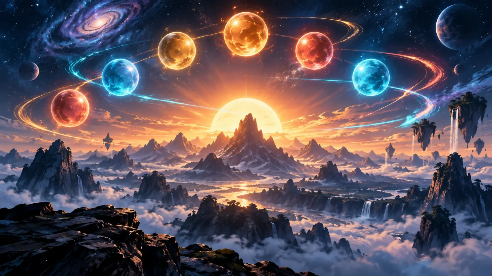 Abstract cosmic martial-arts adventure with orbiting energy spheres
