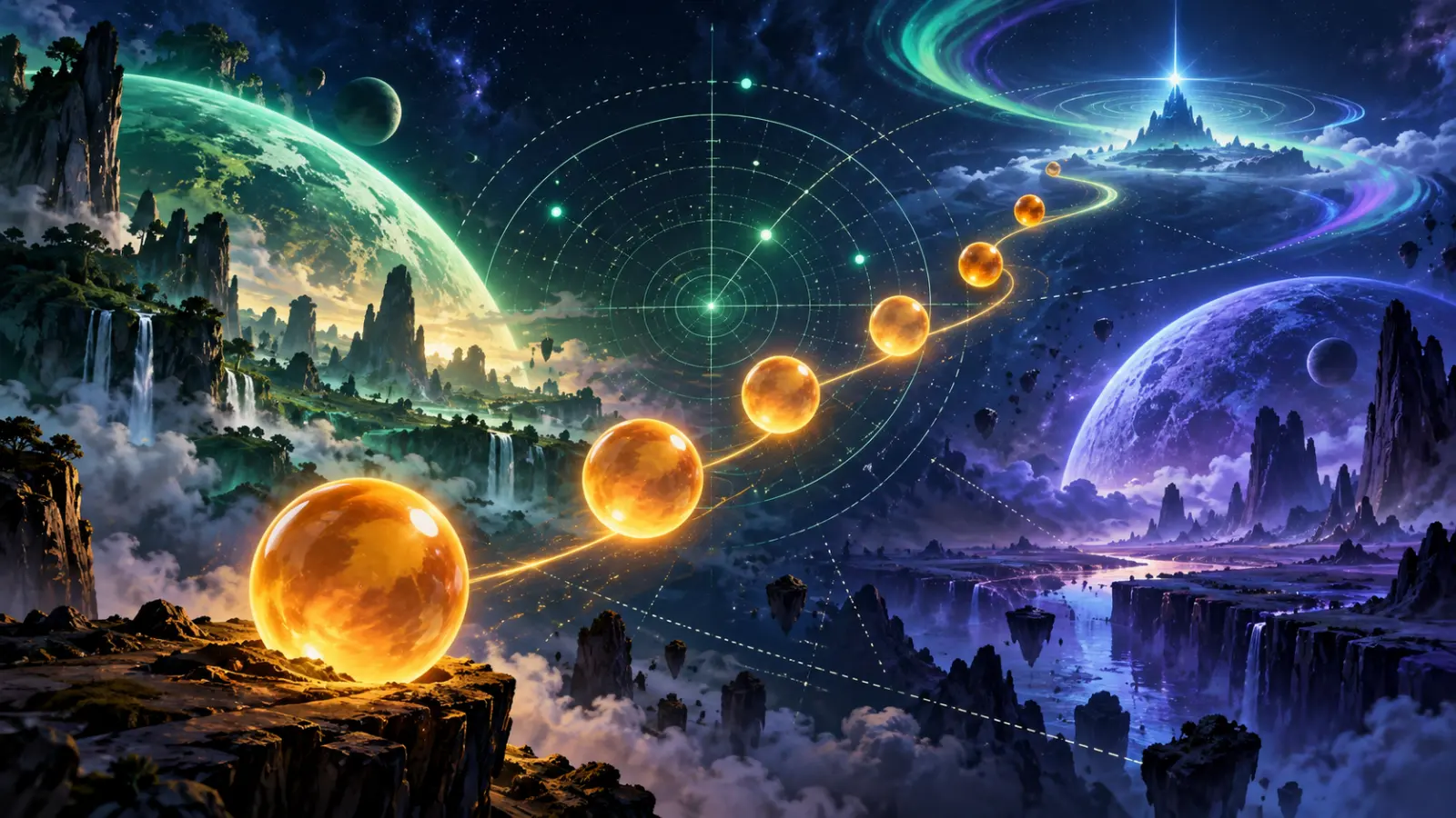 Abstract amber spheres and a search grid representing the Dragon Balls