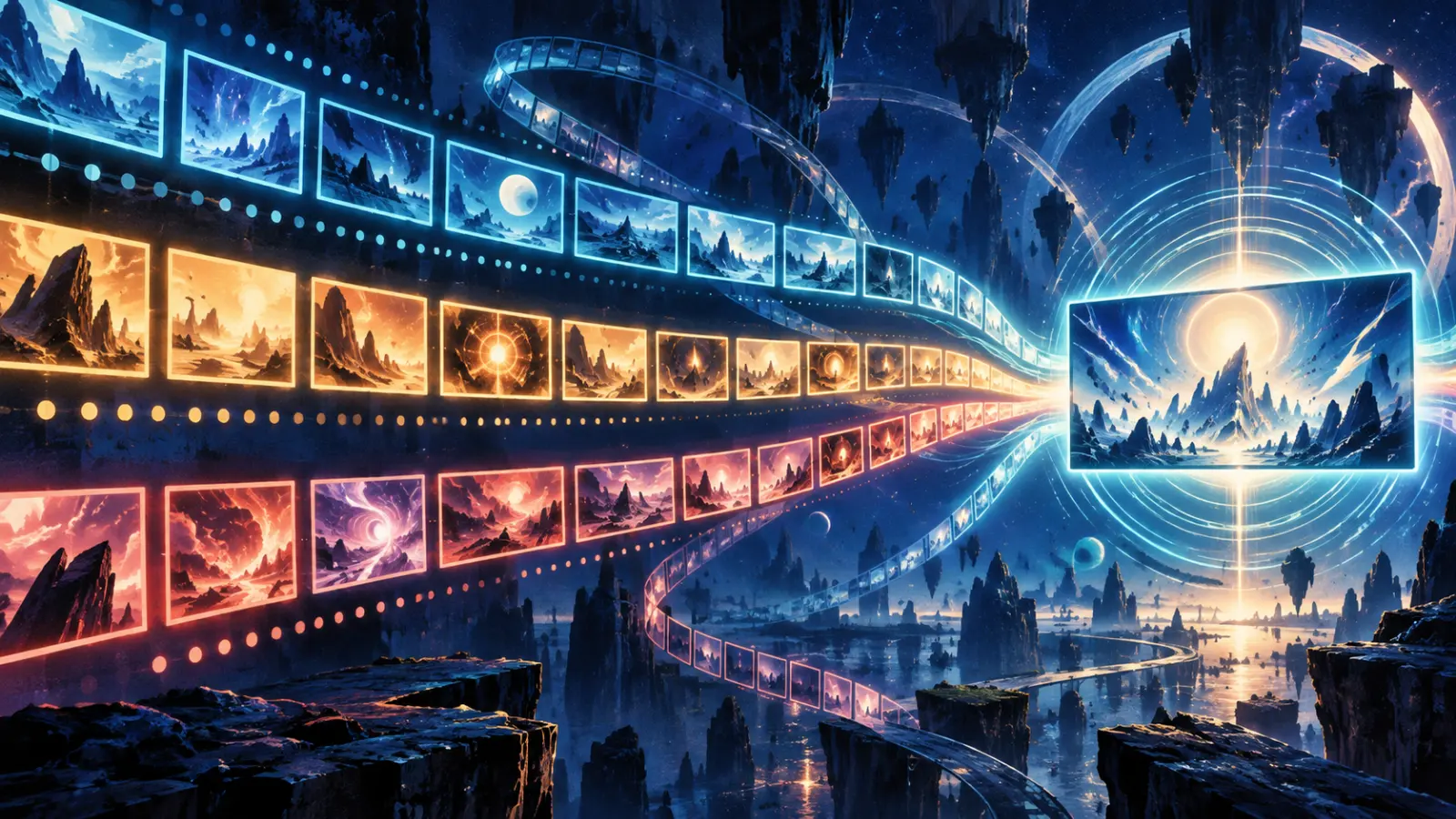 Abstract ribbon of broadcast frames representing Dragon Ball episodes and editions
