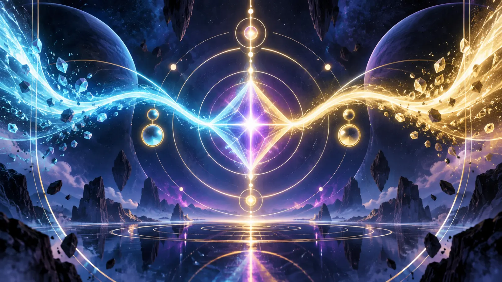 Two abstract energy streams combining to represent Dragon Ball fusion