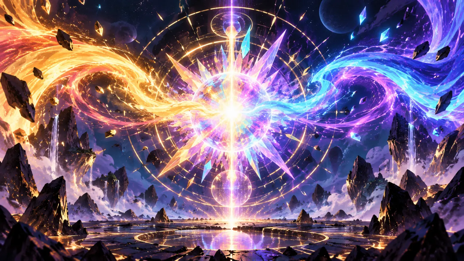 Abstract synchronized energy burst representing the Gotenks fusion