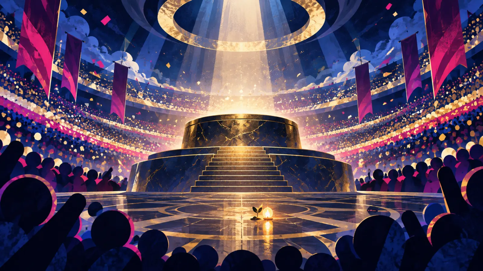 Abstract arena spotlight representing Hercule's fame and unexpected courage