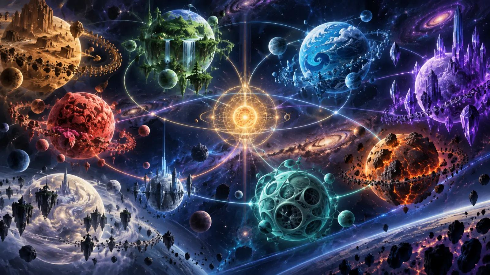 Abstract planetary forms representing Dragon Ball peoples and origins