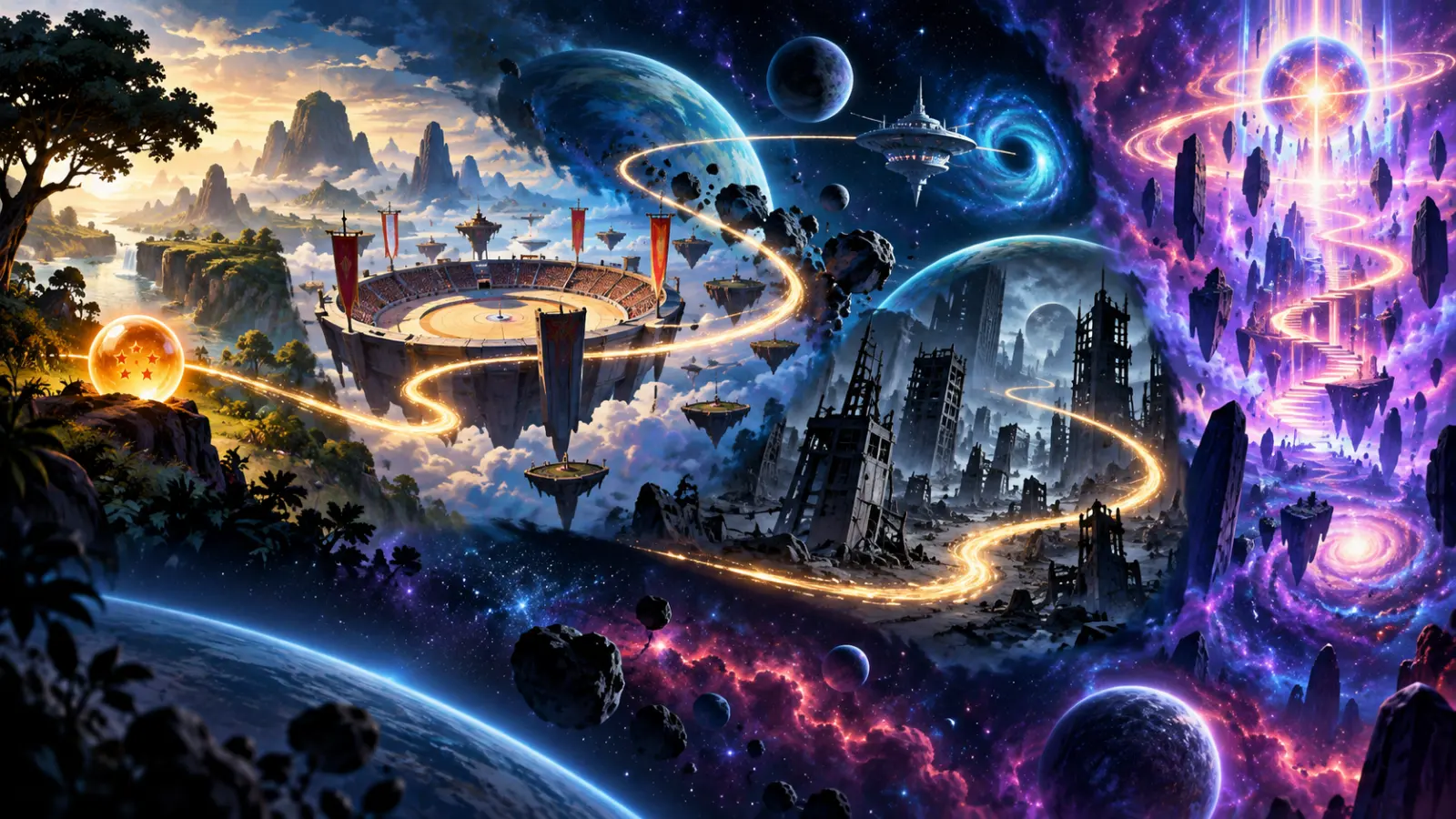 Abstract panoramic journey through the major movements of the Dragon Ball story