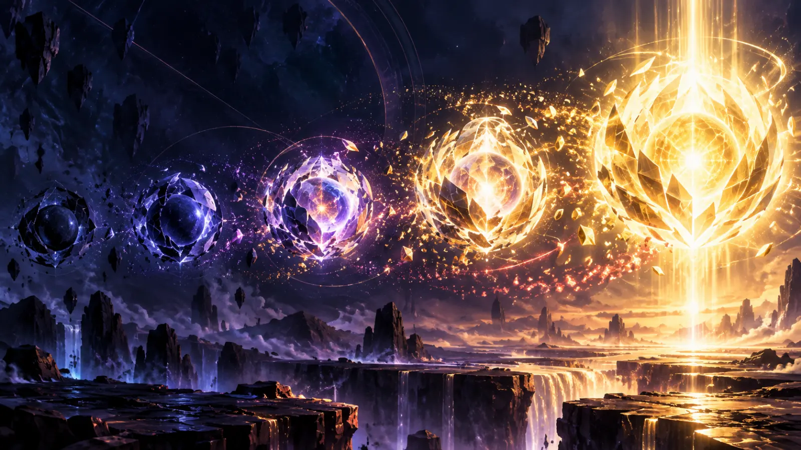 Abstract sequence of luminous forms representing Dragon Ball transformations