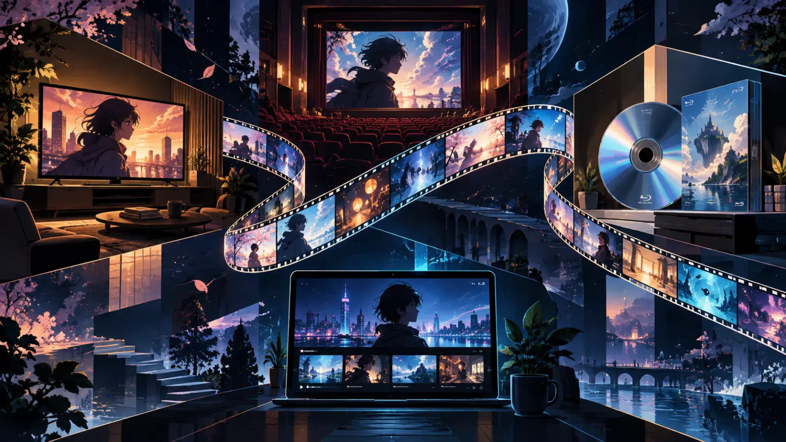 Abstract viewing screens representing television, film, OVA and online anime