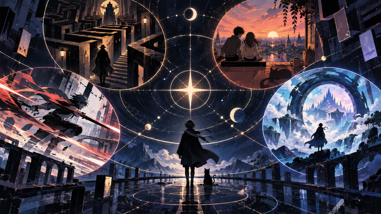 Radial abstract map of action, romance, mystery and everyday story modes