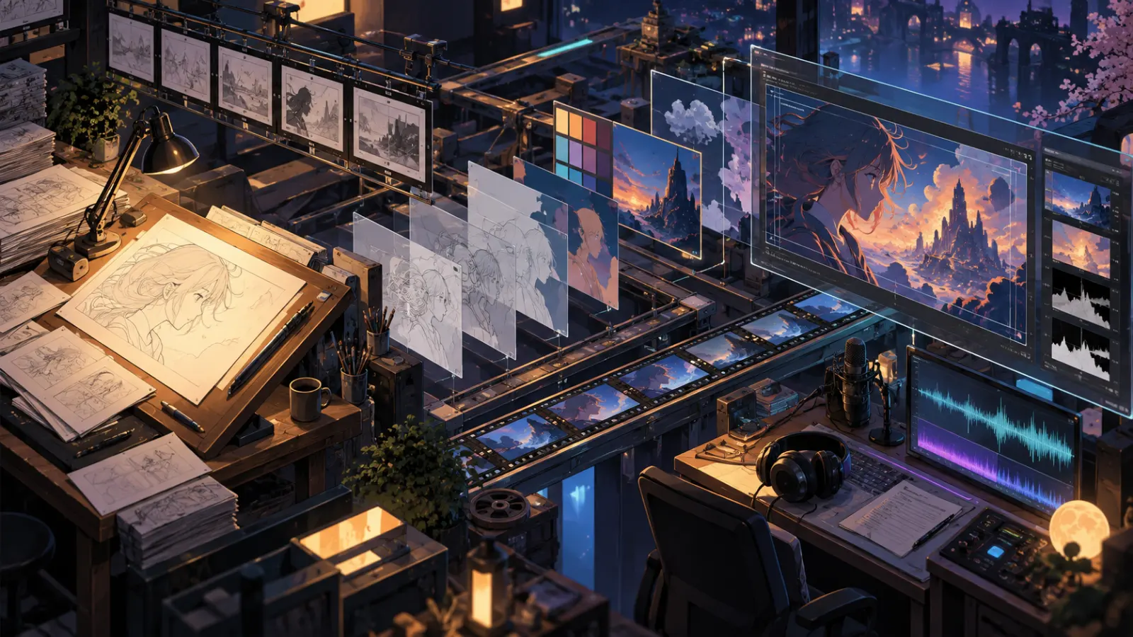Abstract production pipeline linking storyboards, drawings, color and sound