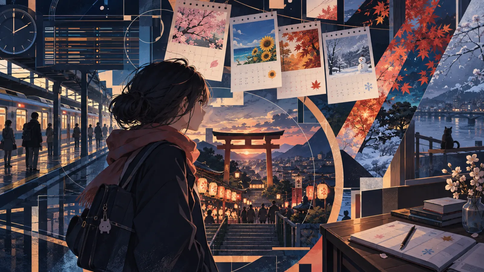 Editorial collage of Japanese transit, school seasons, shrines and festivals