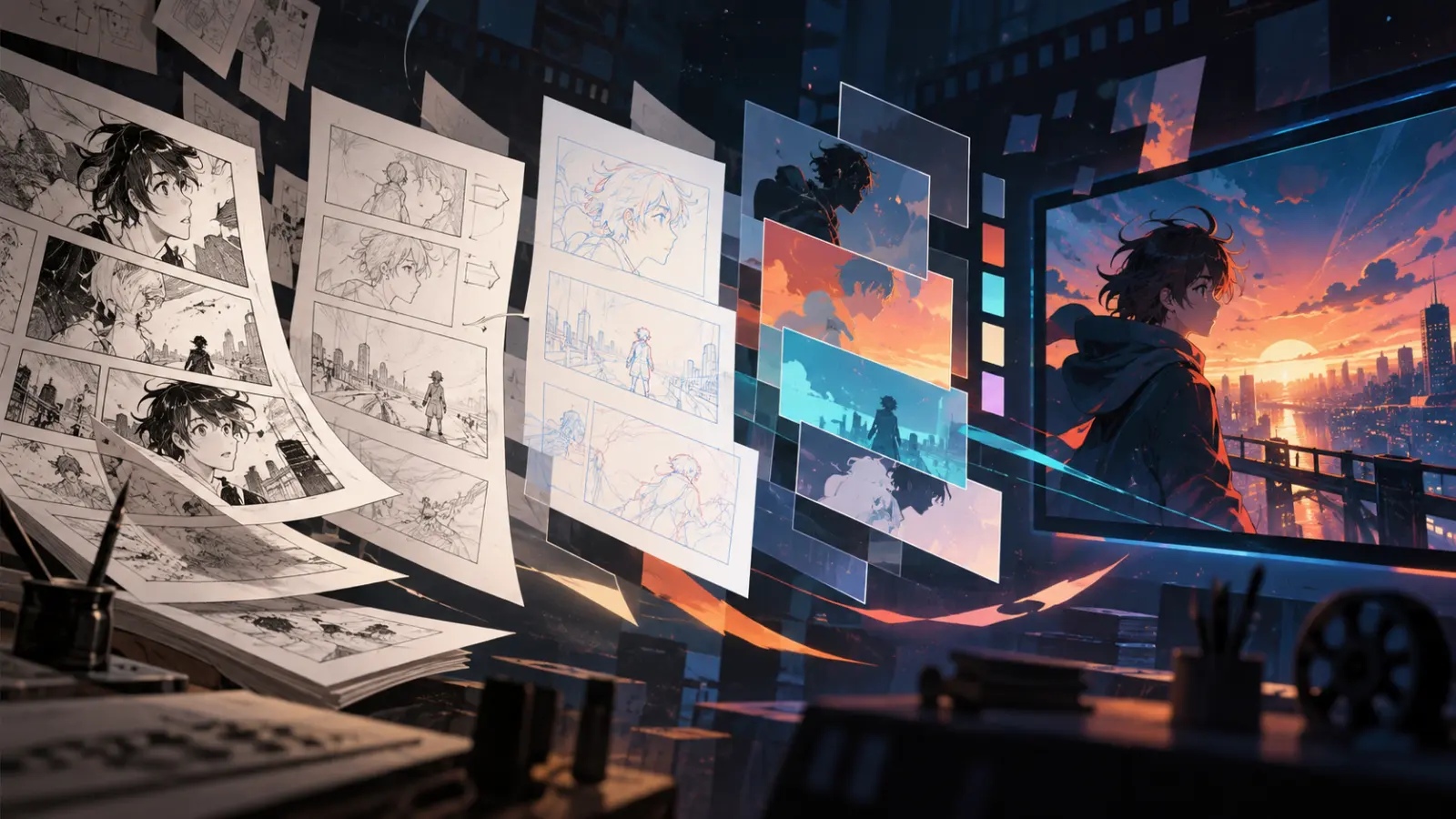 Manga panels transforming into storyboards, animation layers and a finished screen