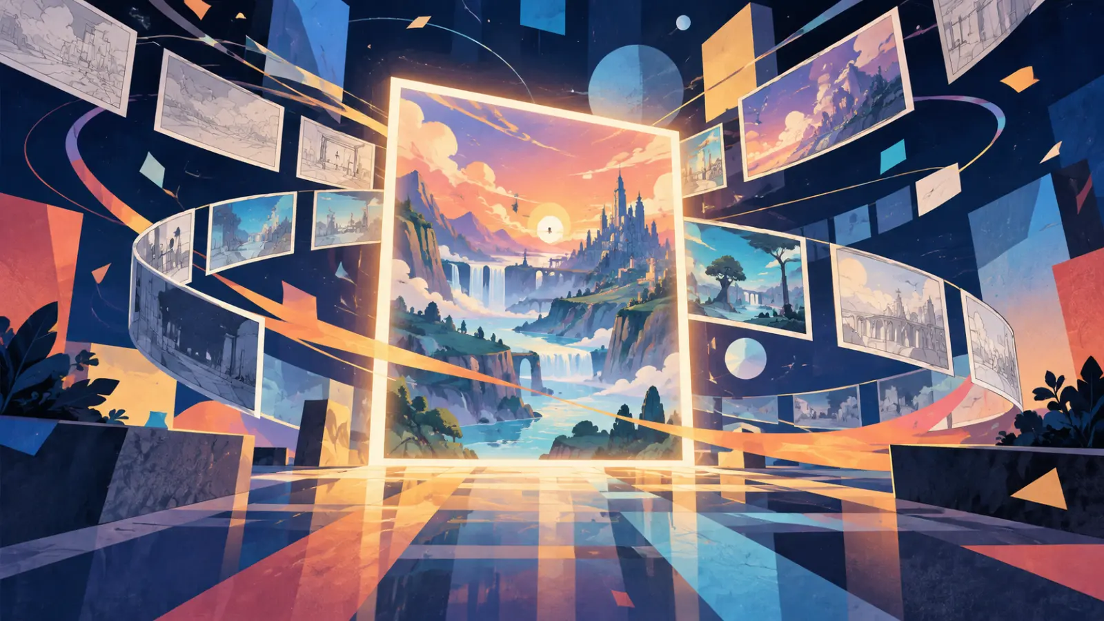 Abstract animation frames opening into a landscape of anime discovery