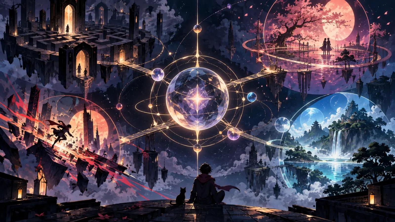 Connected abstract story worlds representing different anime genres
