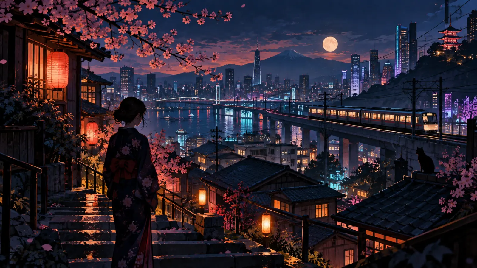 Contemporary Japanese city, transit and seasonal details in an editorial collage