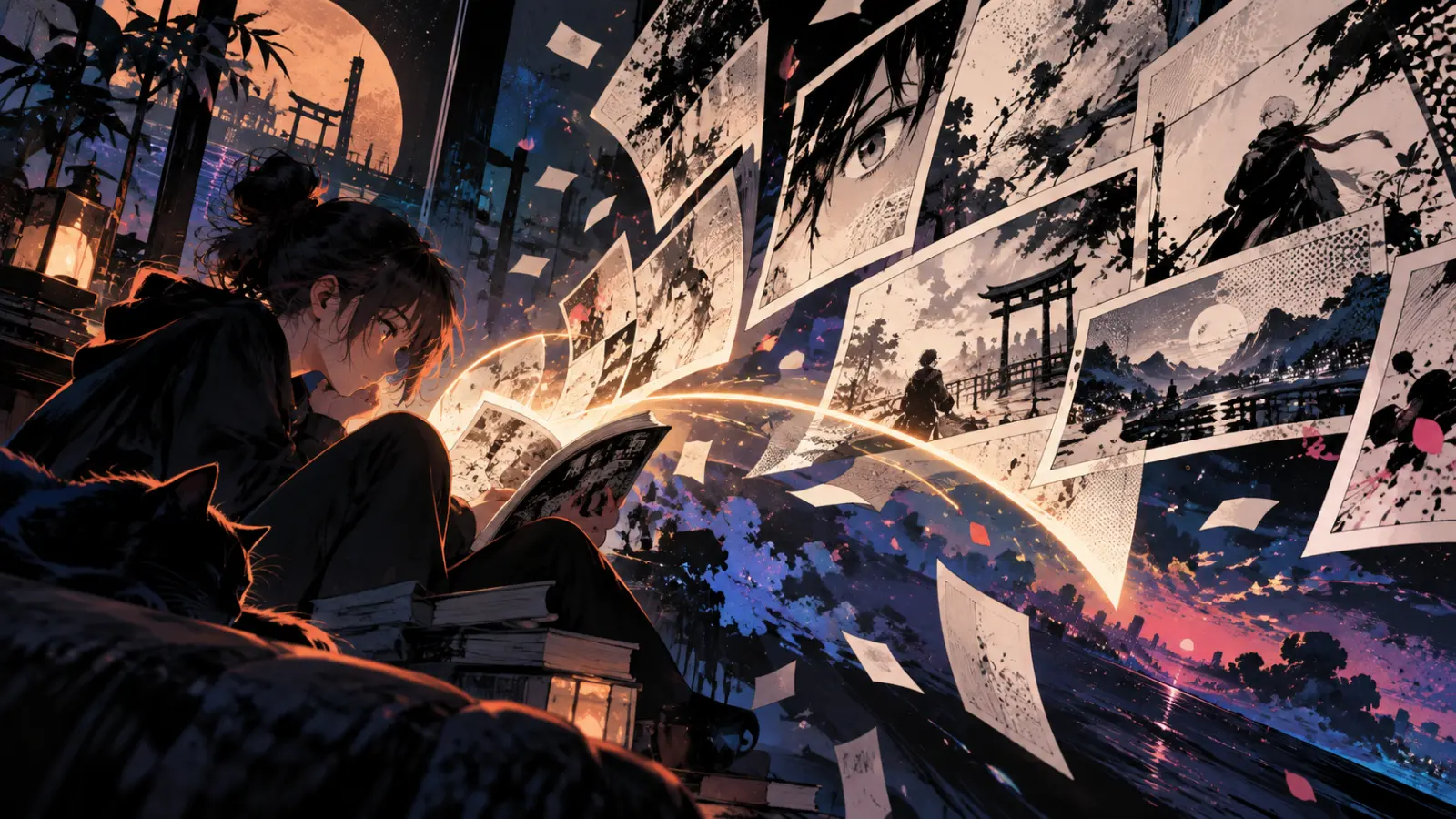 Abstract manga pages with ink strokes and flowing panel geometry
