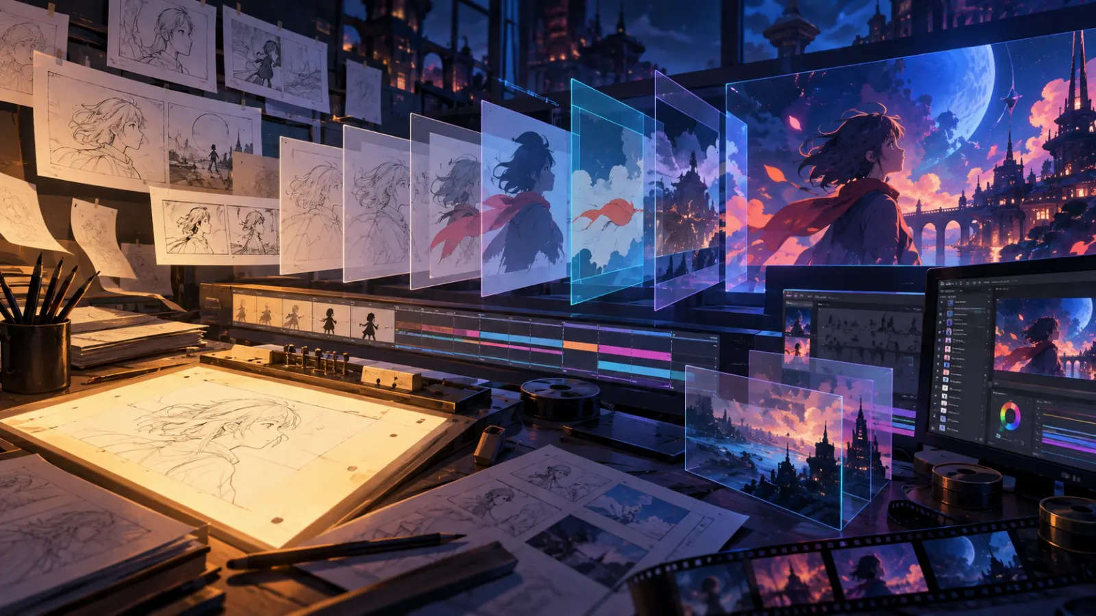 Abstract animation production desk with storyboards and layered cels